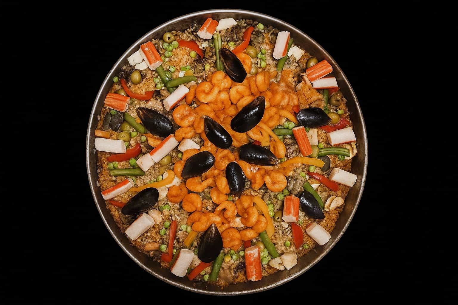 Paella tradicional con mariscos frescos y verduras para eventos sociales y empresariales